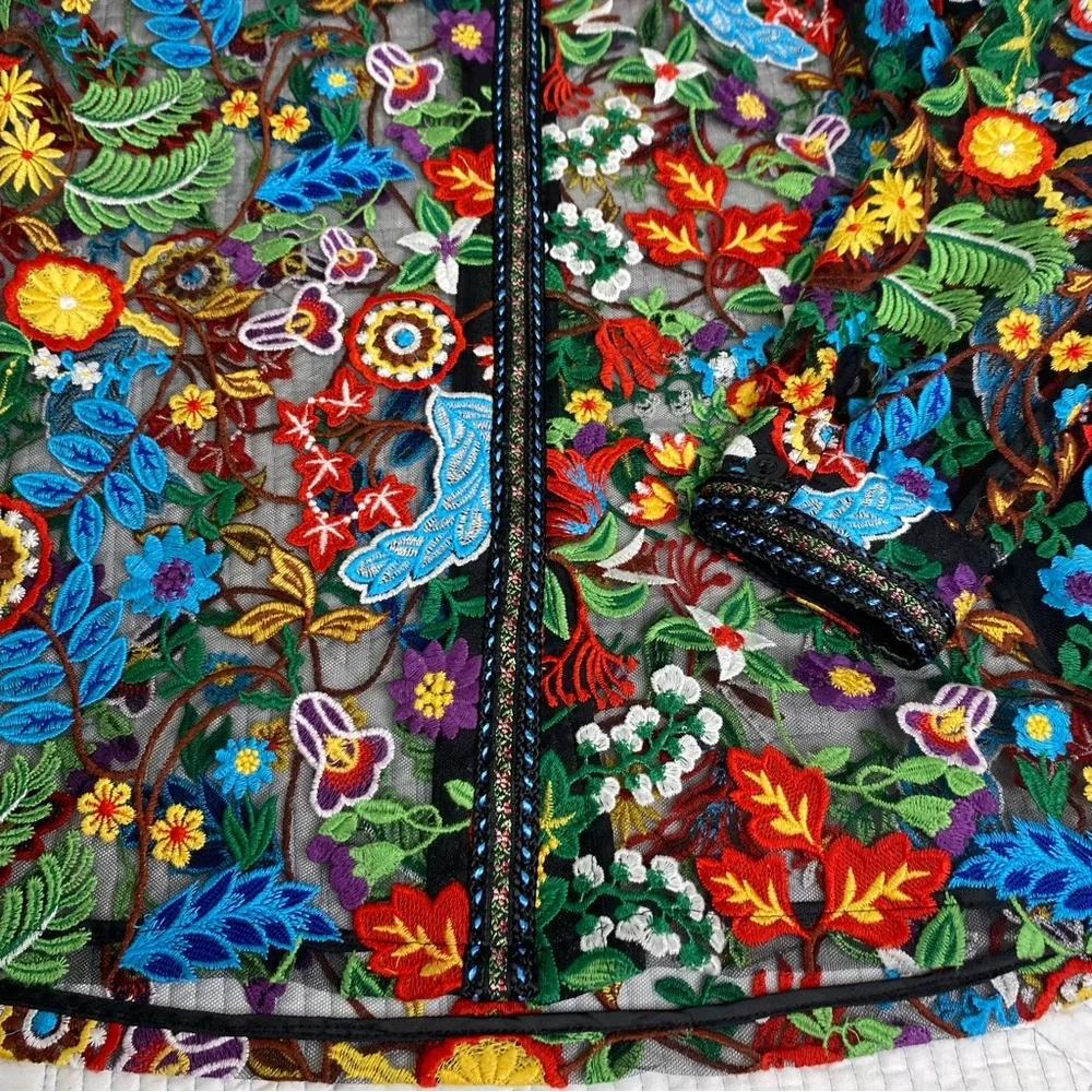 BEREK Petite L Floral Embroidered Black Mesh Button Down Shirt Blouse *flaw - Picture 5 of 14